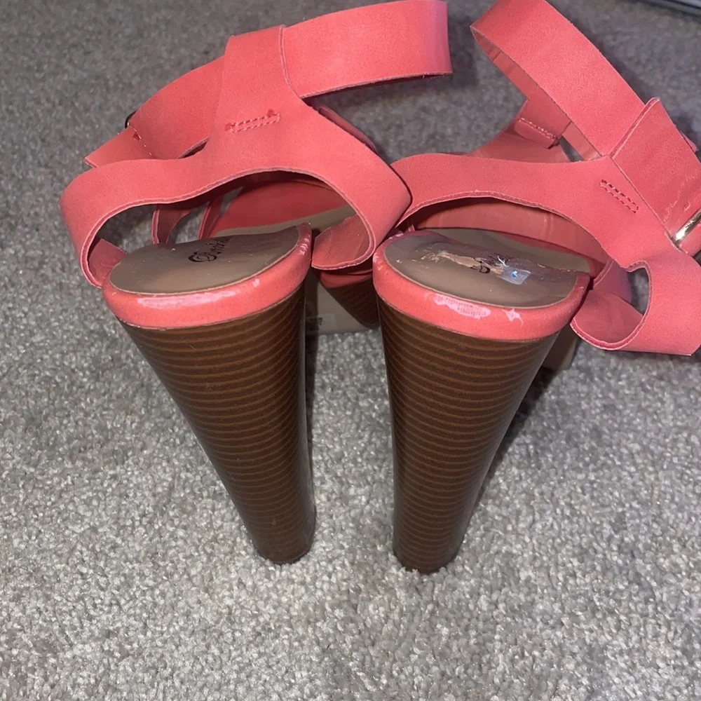 Coral strapy sandals wooden platform ankle straps block heel high s 10